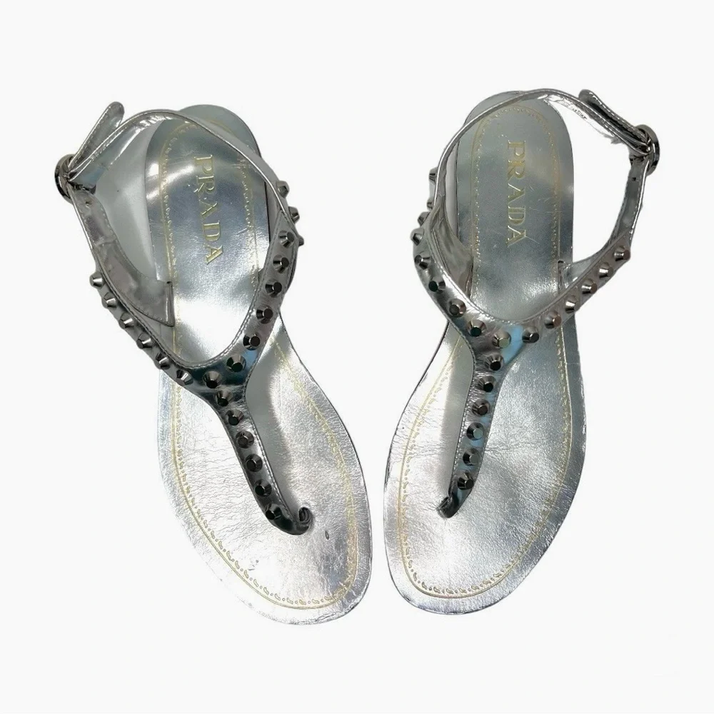 Prada silver metallic Calzature Donna capri studded T strap sandals - Picture 2 of 15